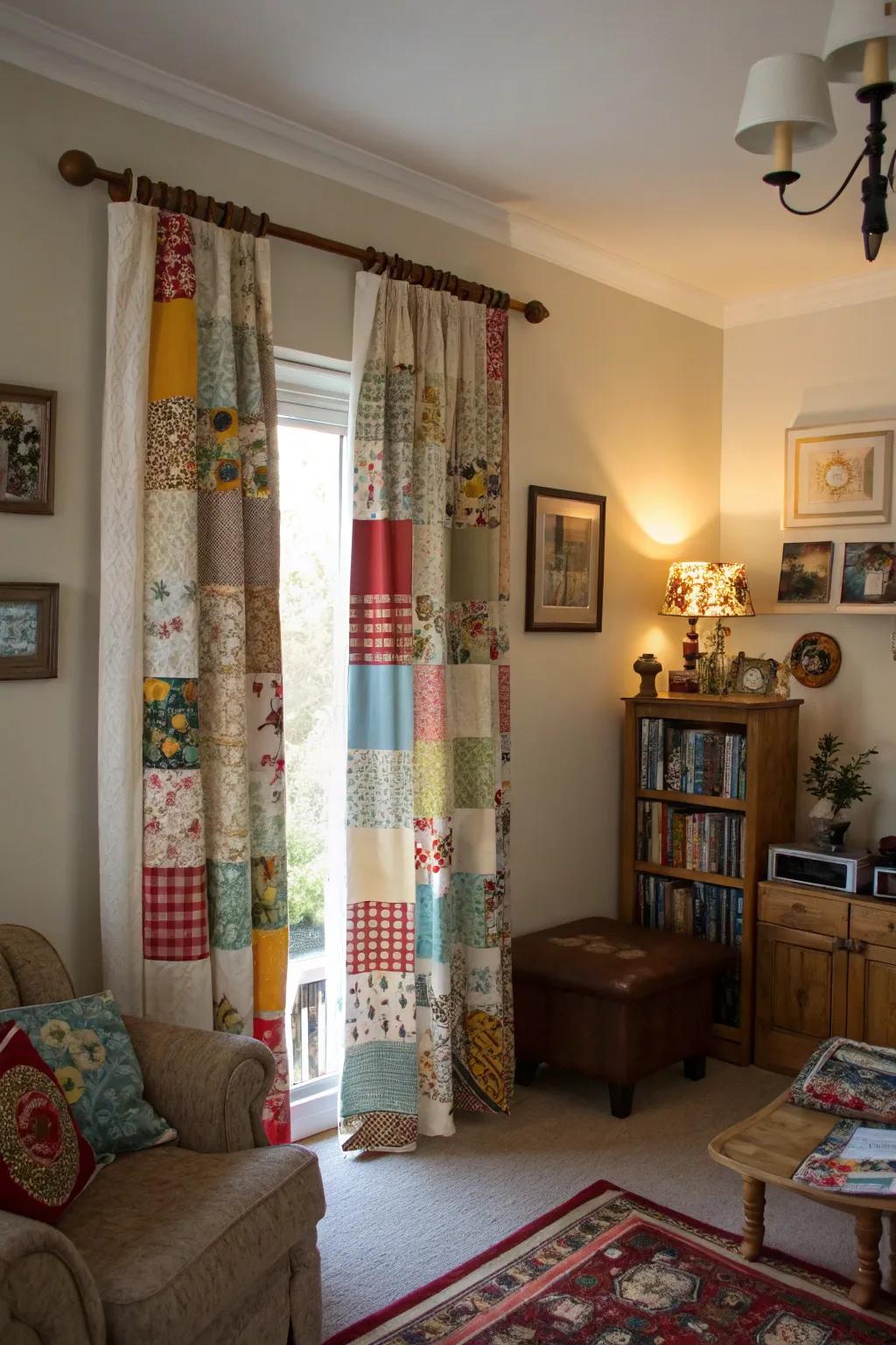 Unique drapes with varied textile remnant embellishments.
