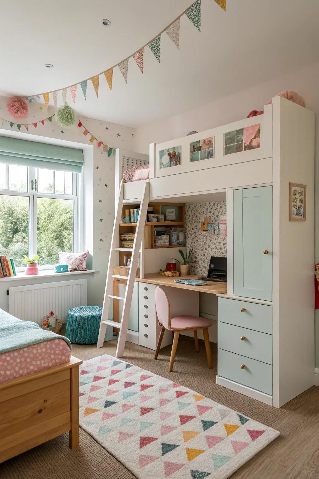 Flexible furnishings evolve with the sisters and keep the room versatile.