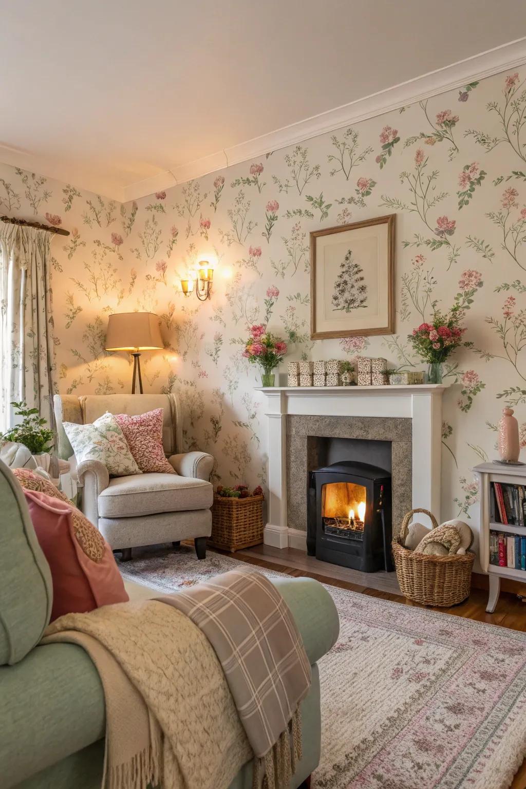 A living room featuring seasonal floral wall covering, best for keeping design fresh.