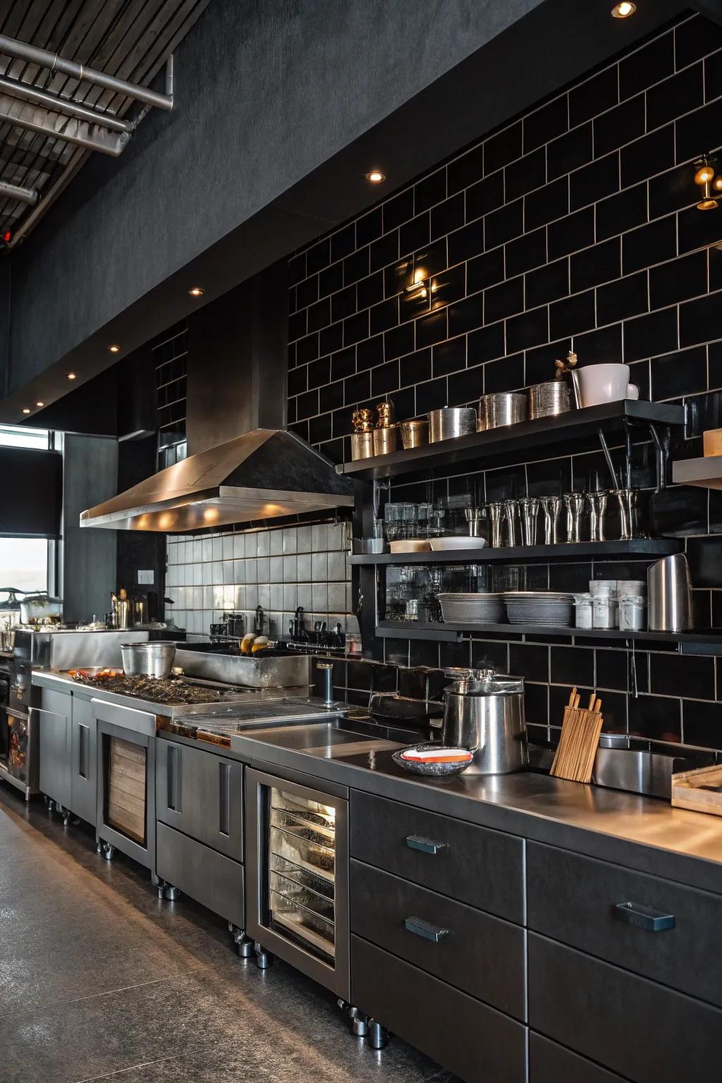 A factory-inspired kitchen with a dark backsplash and metal fixtures for an urban edge.