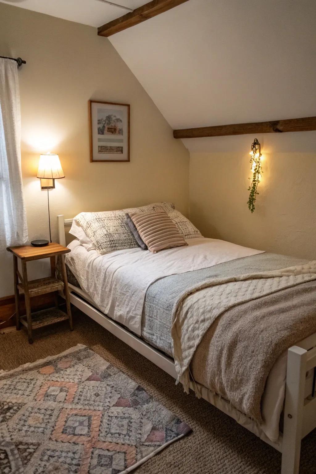 A low sleeper frame opens up the space in a compact bedroom.