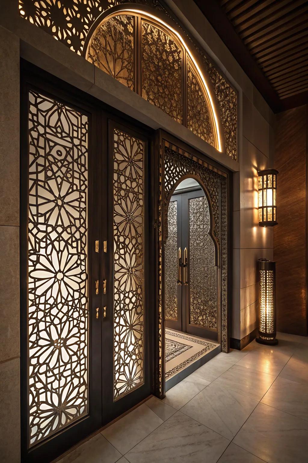 Laser cut metal doors are bold and artistic.
