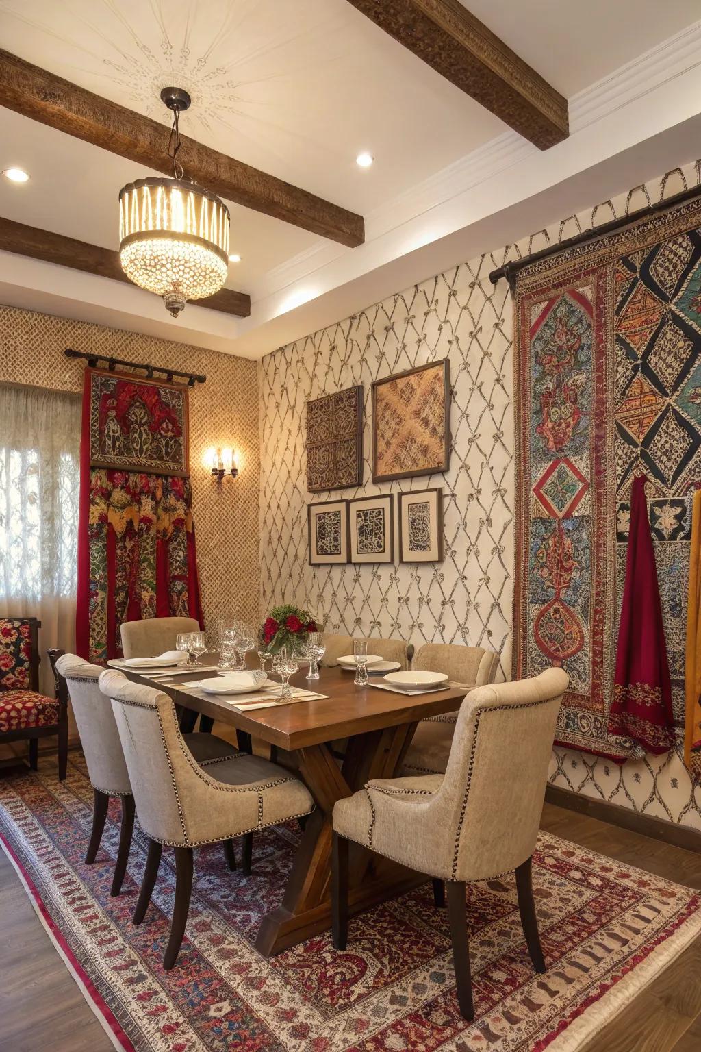Wall designs inspired by culture add an element of personalization in the dining area.