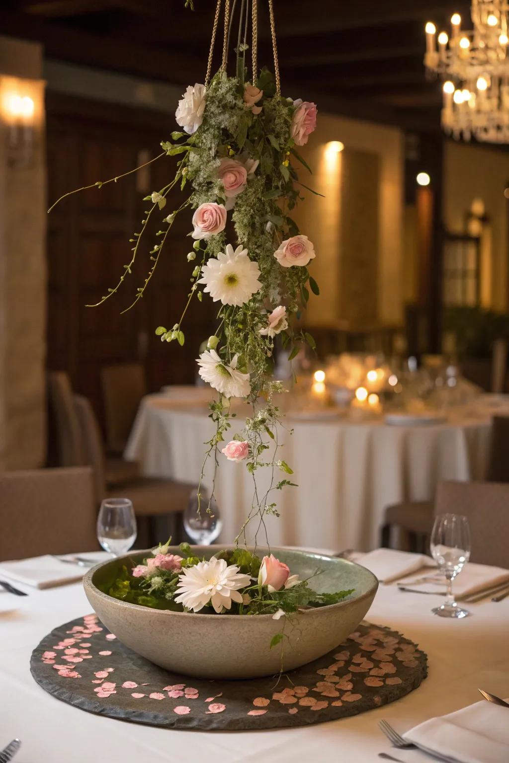 A suspended floral focal point imparting caprice and refinement to the table.