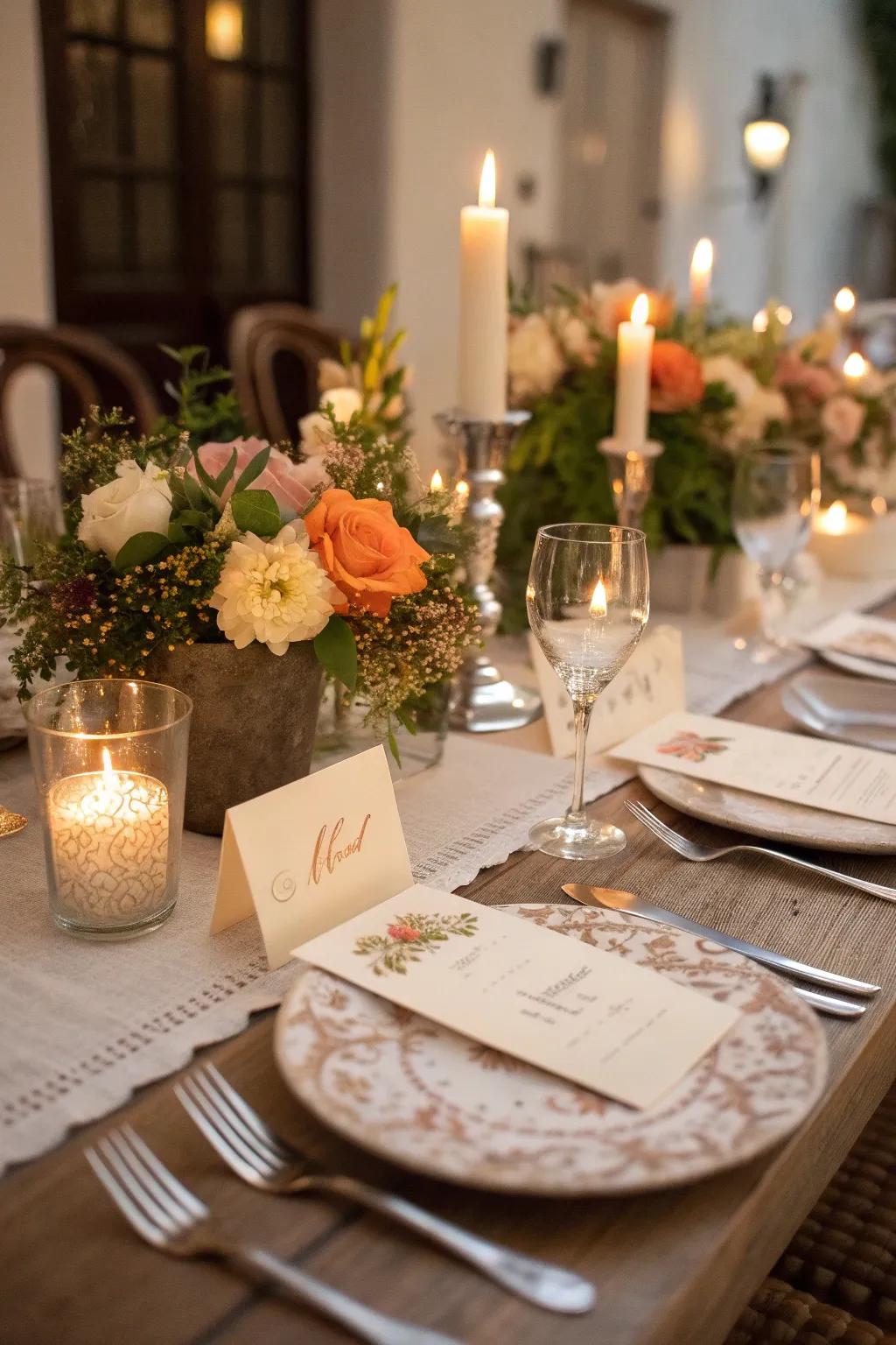 Personalized inscription cards evoke a warm, inviting dinner atmosphere.