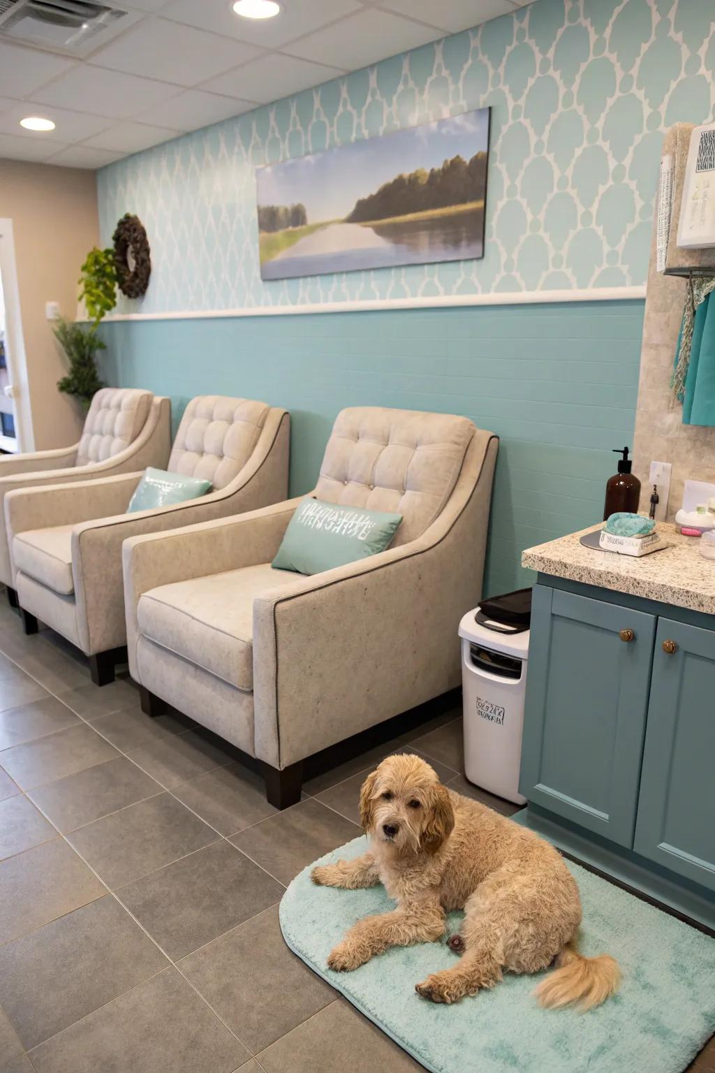 A waiting locale imbued with snug seating arrangements and available refreshments.