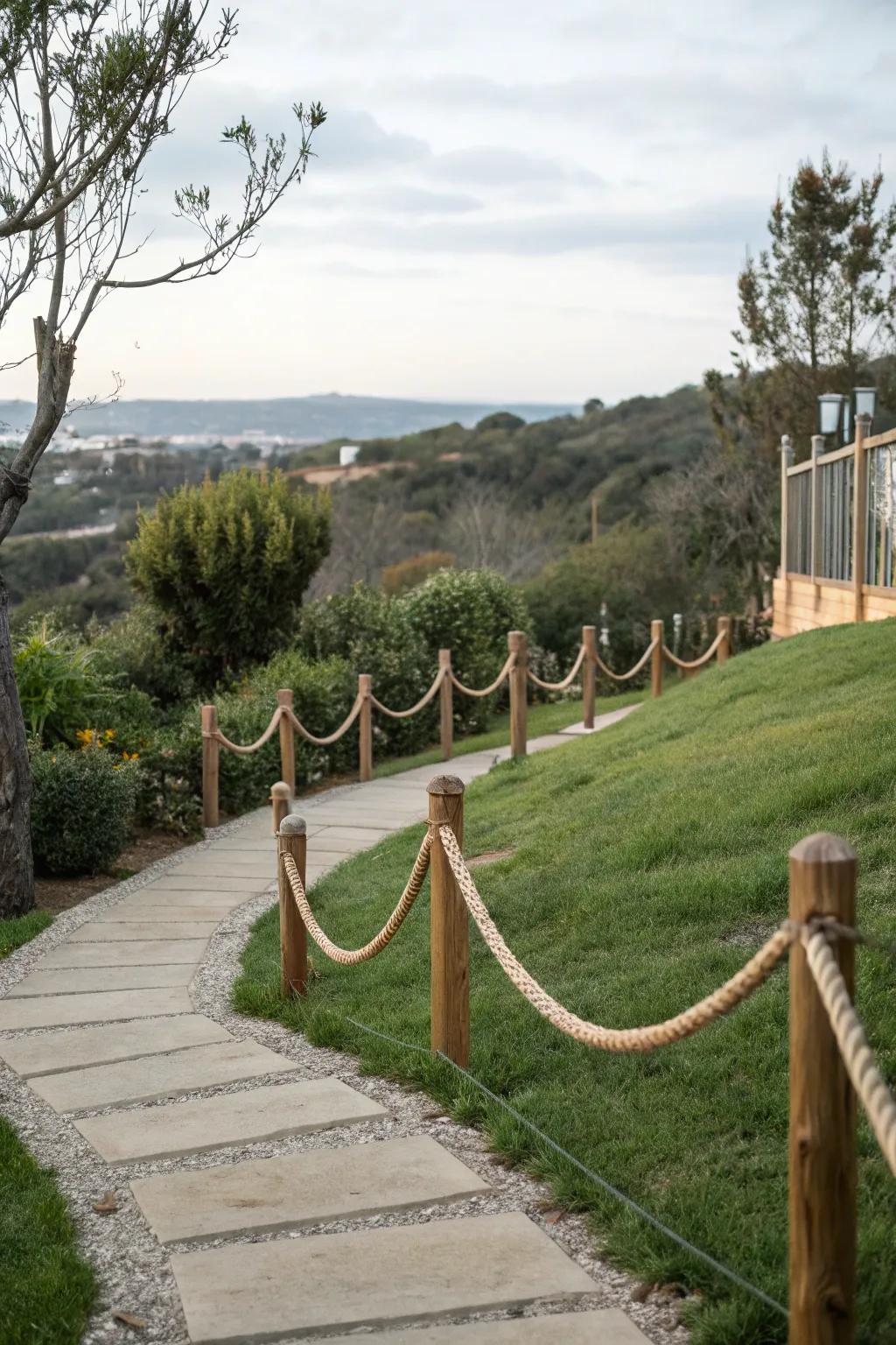 Rope guardrails offer safety and charm on sloped pathways.