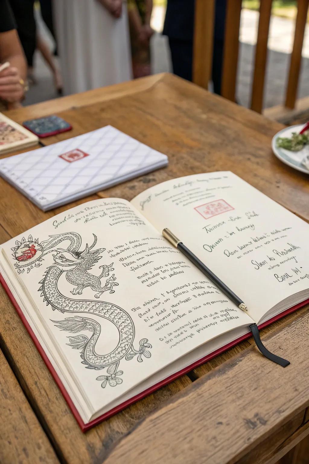 A dragon-themed guest log captures heartfelt messages from loved ones.