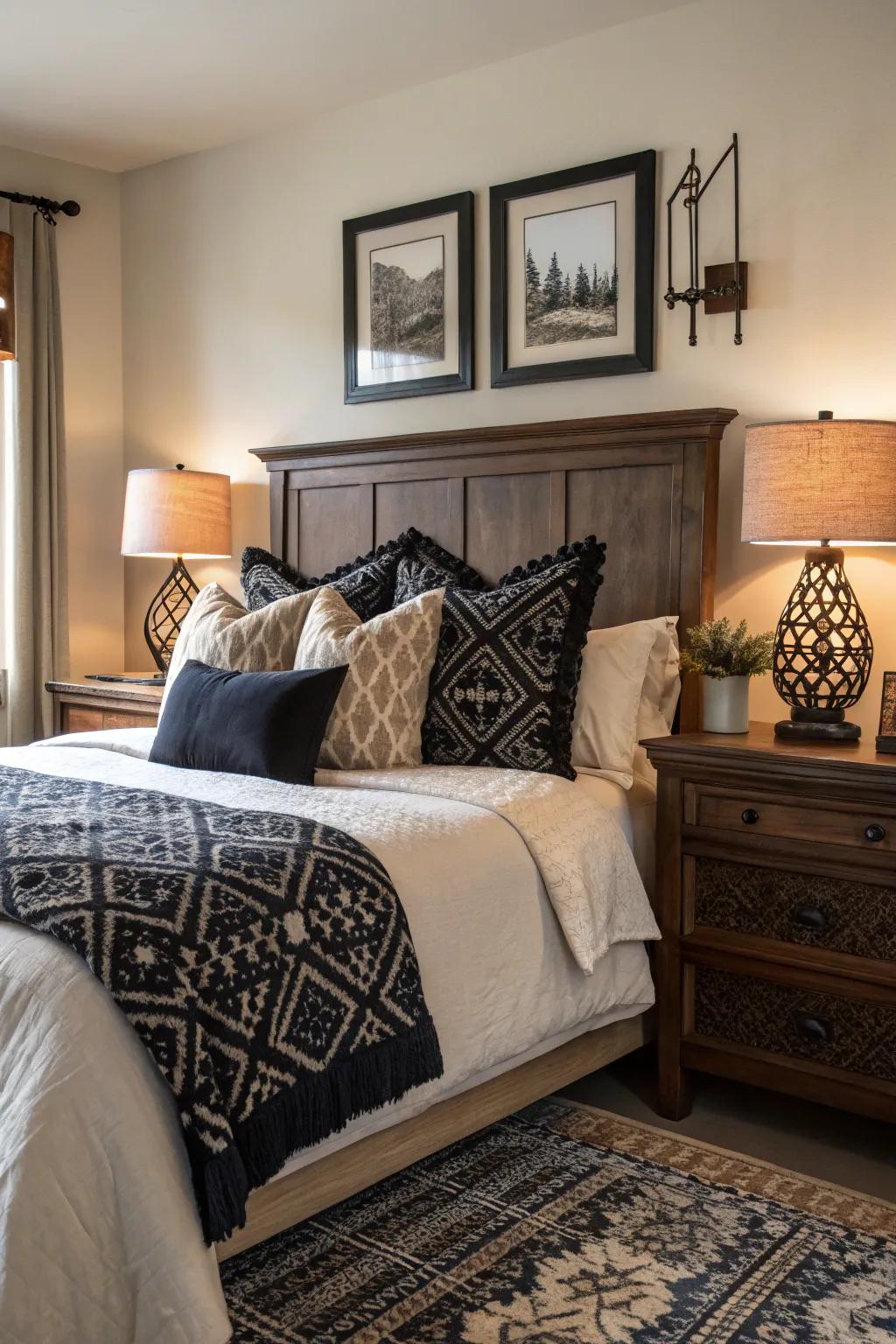Shadowy accent pillows unite the color scheme elegantly.