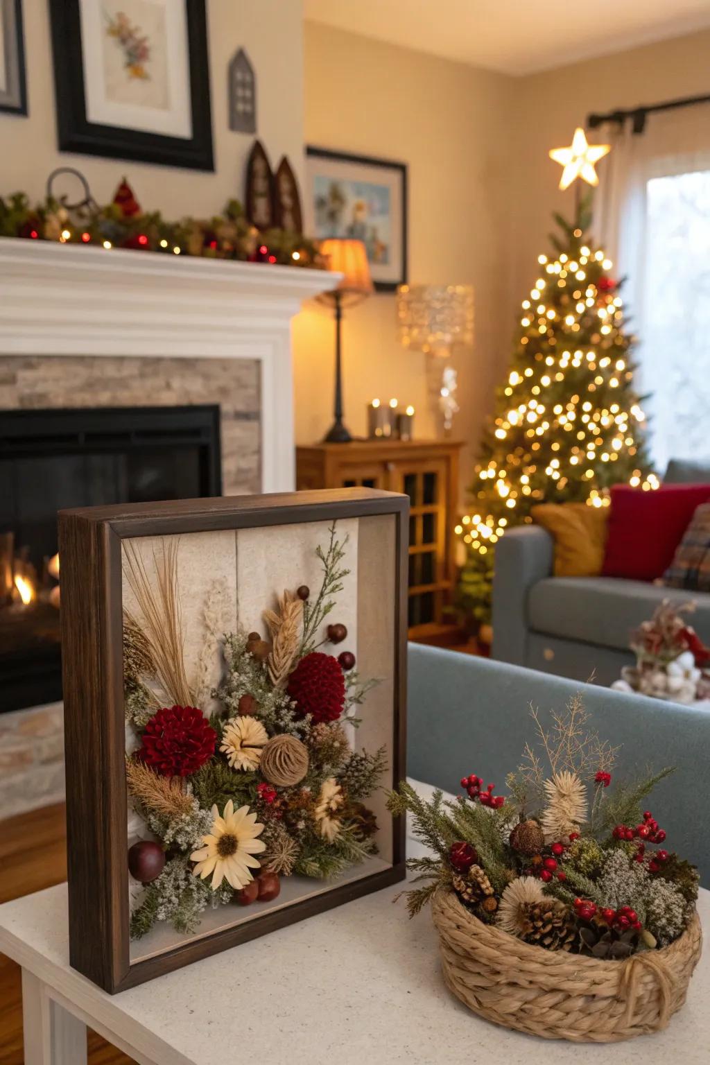 Add holiday cheer using a festive dried flower display box.