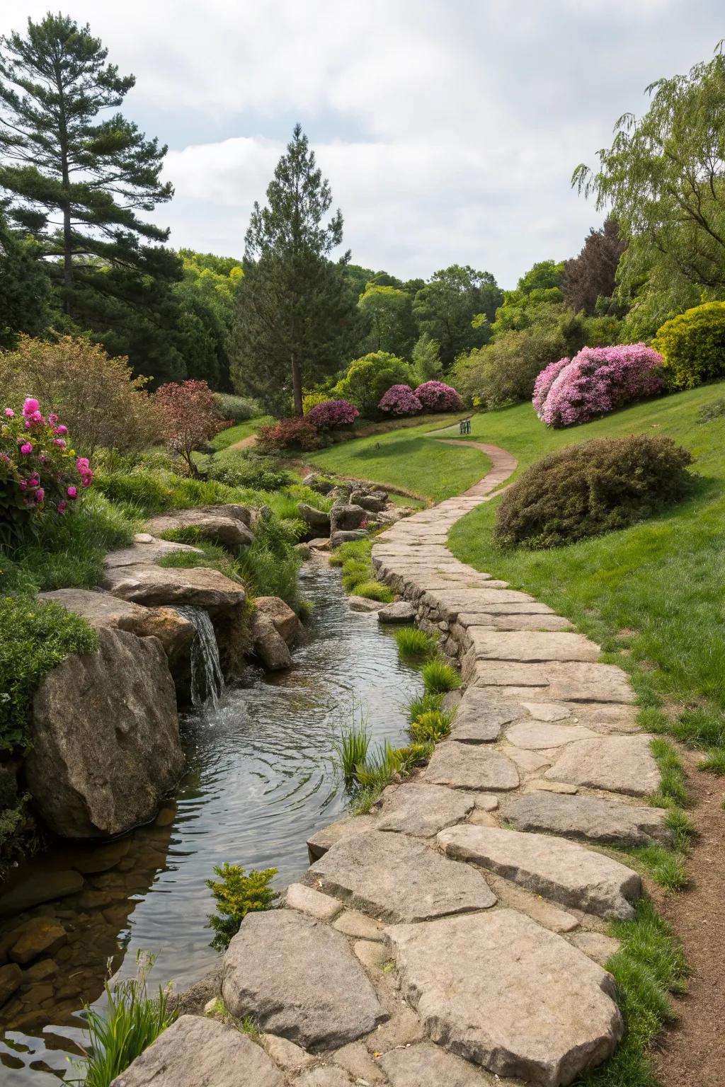 A serene boulder path complemented by a water feature.
