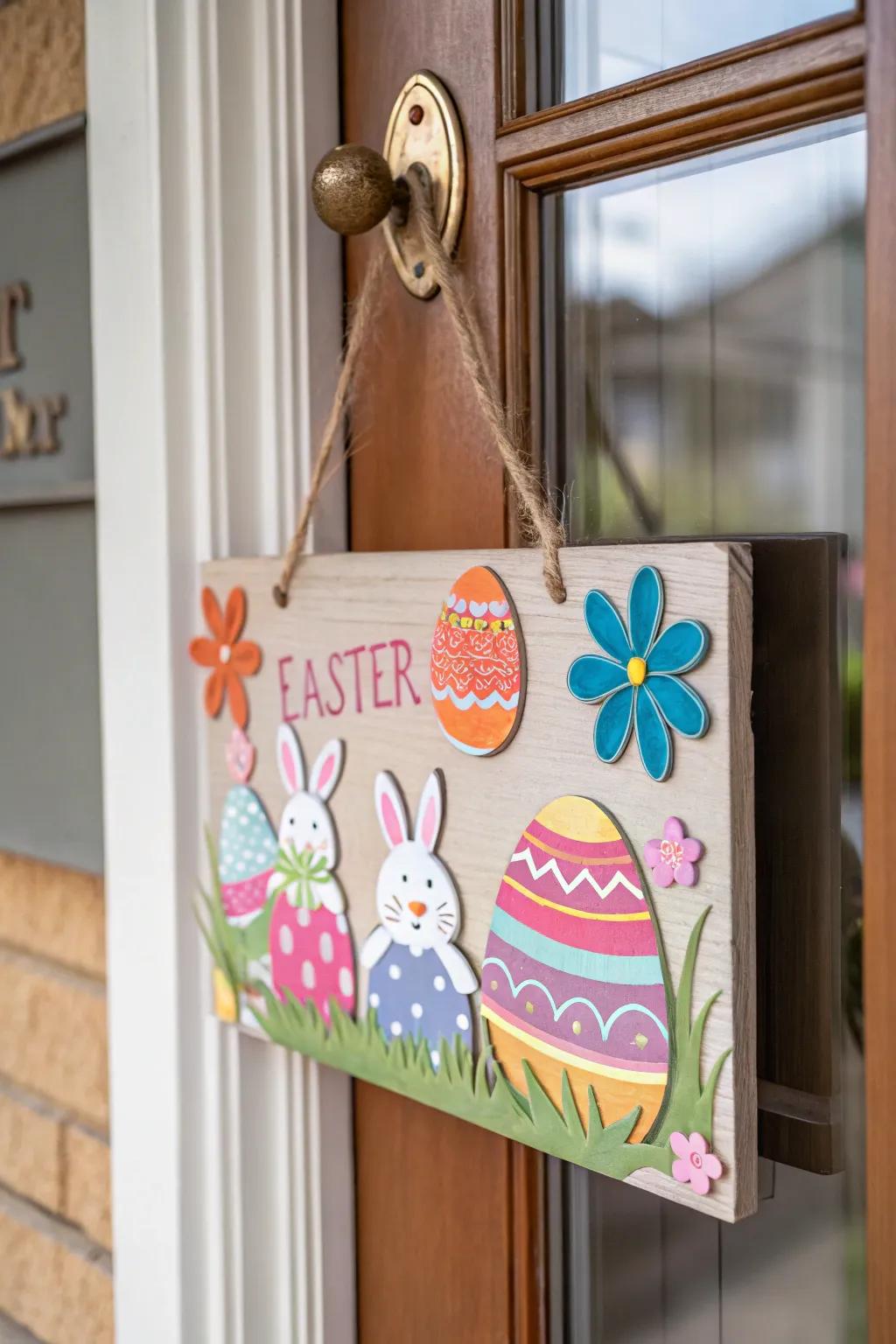 A painted timber plaque introduces a rustic and welcoming Easter detail.
