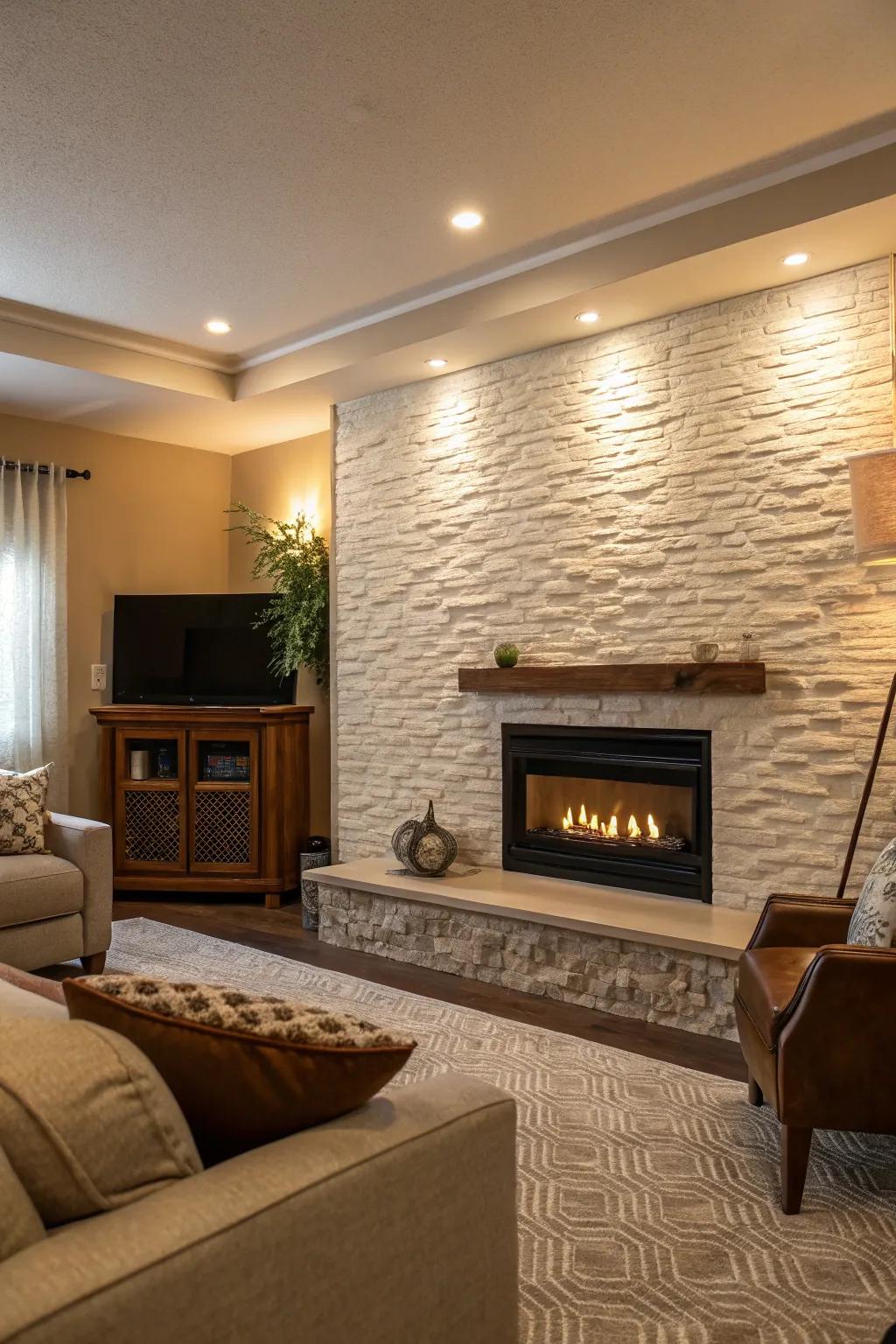 An accent wall that accentuates the fireplace beautifully.