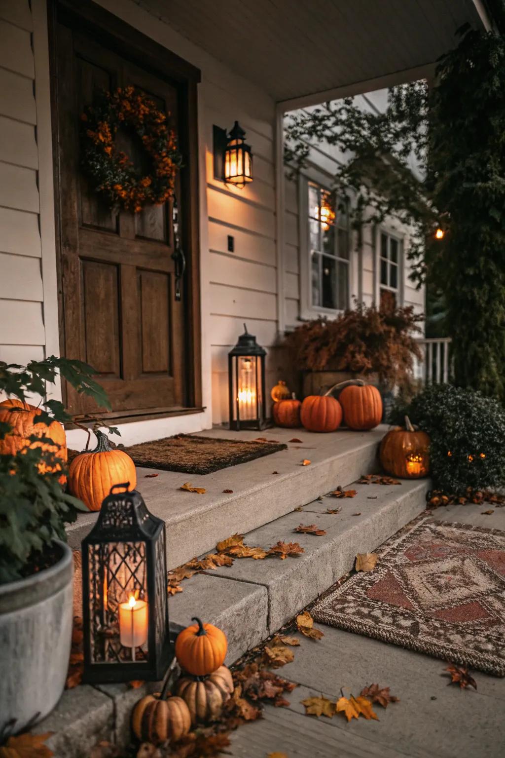 Mysterious illumination introduces a snug and inviting ambiance to the fall entrance.