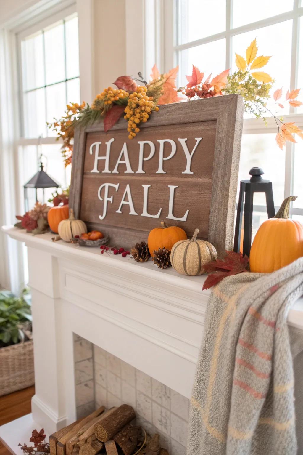 A fall mantel presenting a welcoming seasonal sentiment.