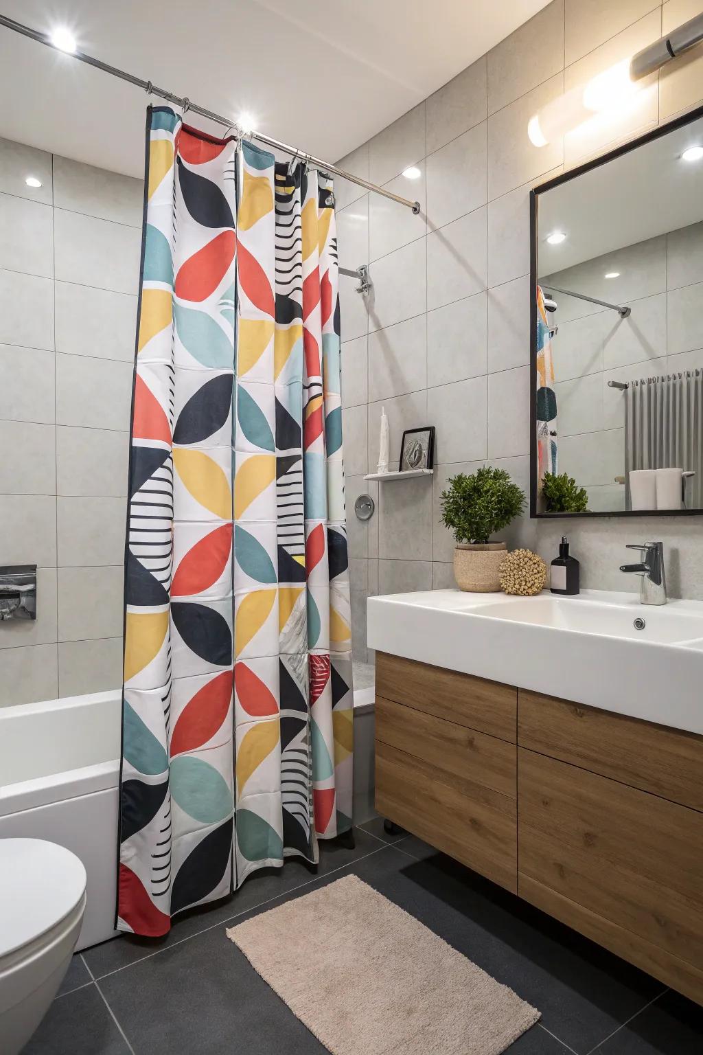 A bathroom showcasing a bold graphic shower covering and modern accents.