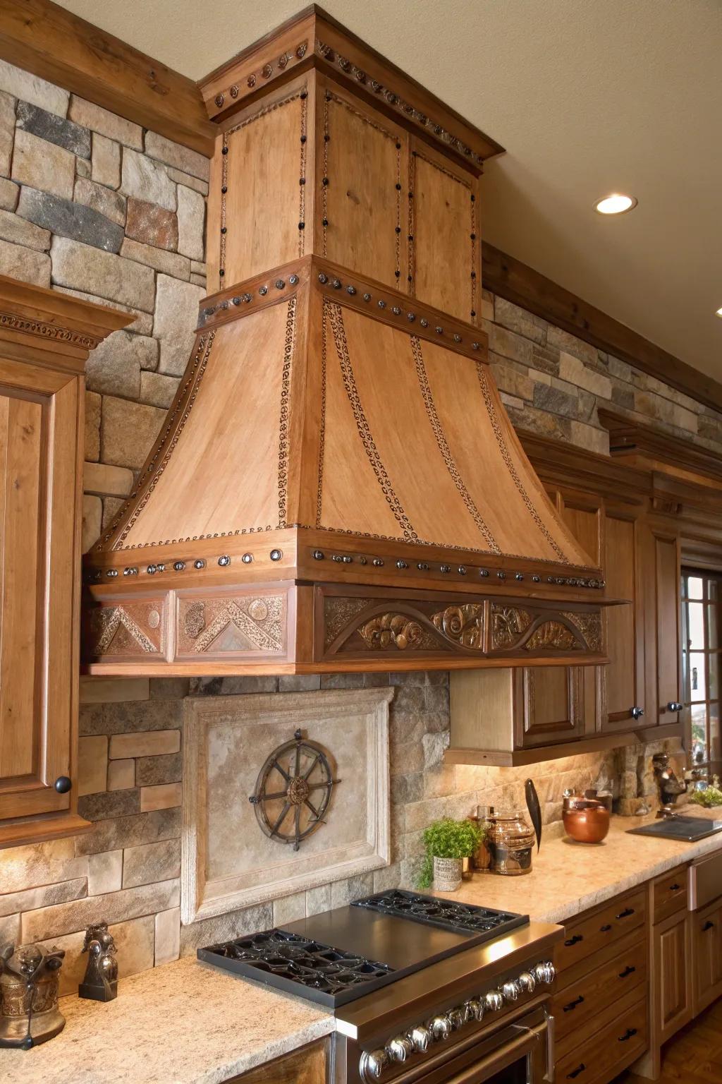 Copper and wood fusion creates a warm, rustic centerpiece.