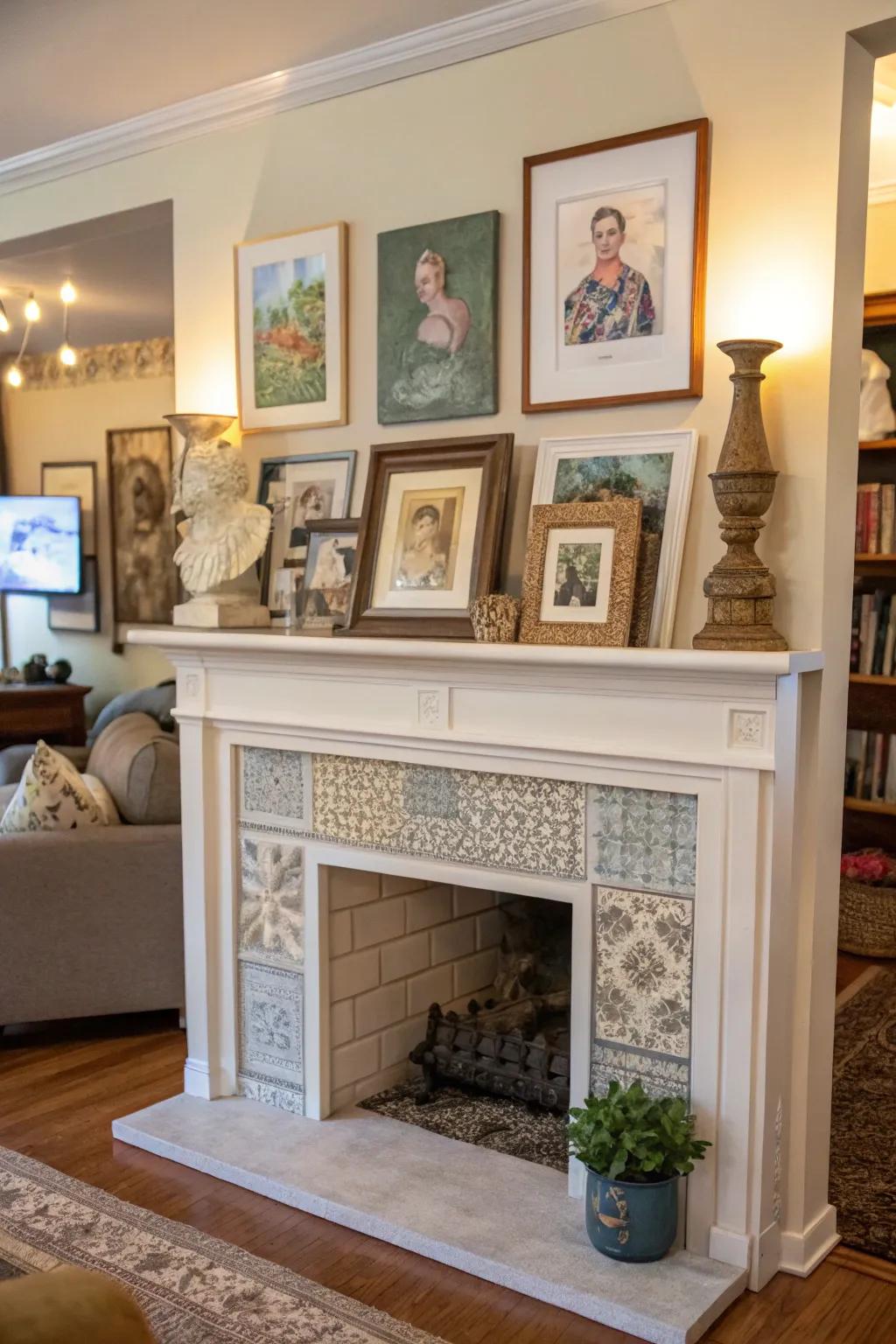 An imitation fireplace serving as a personalized art display for unique expression.