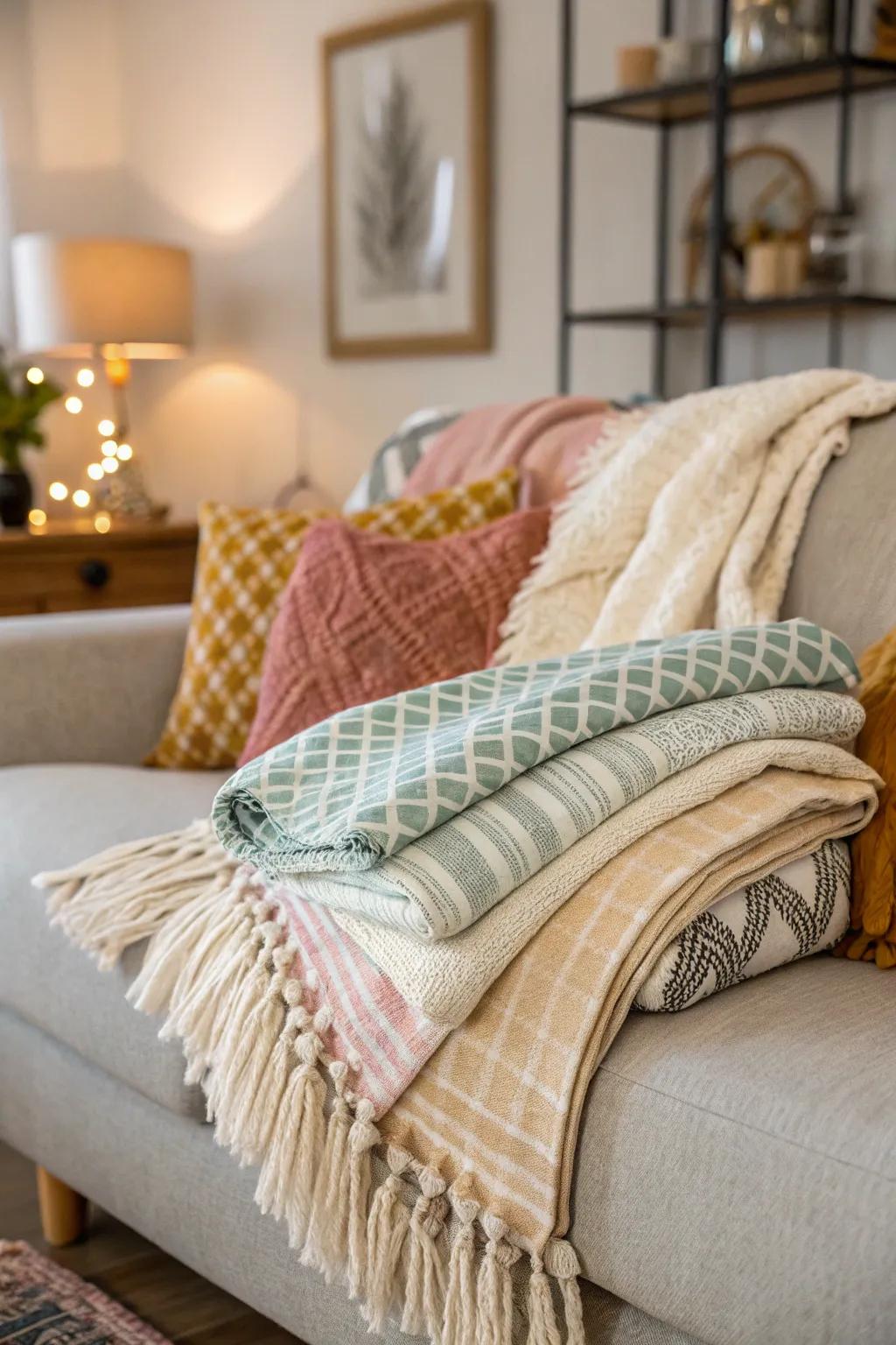 A snug couch layered with various throws and comfort throws.
