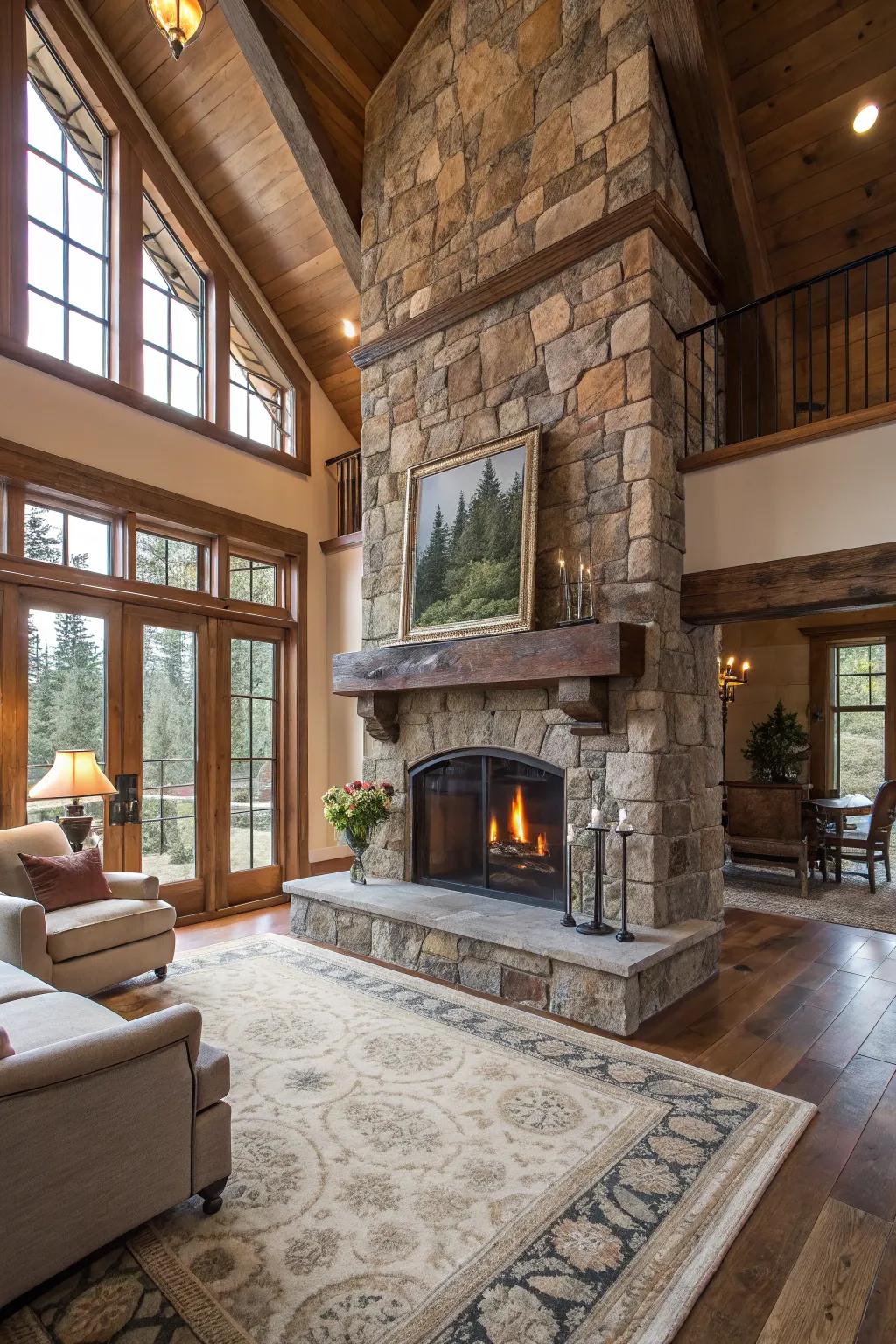 A stone and wood combo fashions a balanced, country elegance.