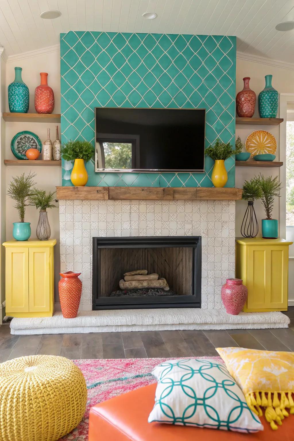 Infuse color into your area with vibrant touches that pop around your fireplace.