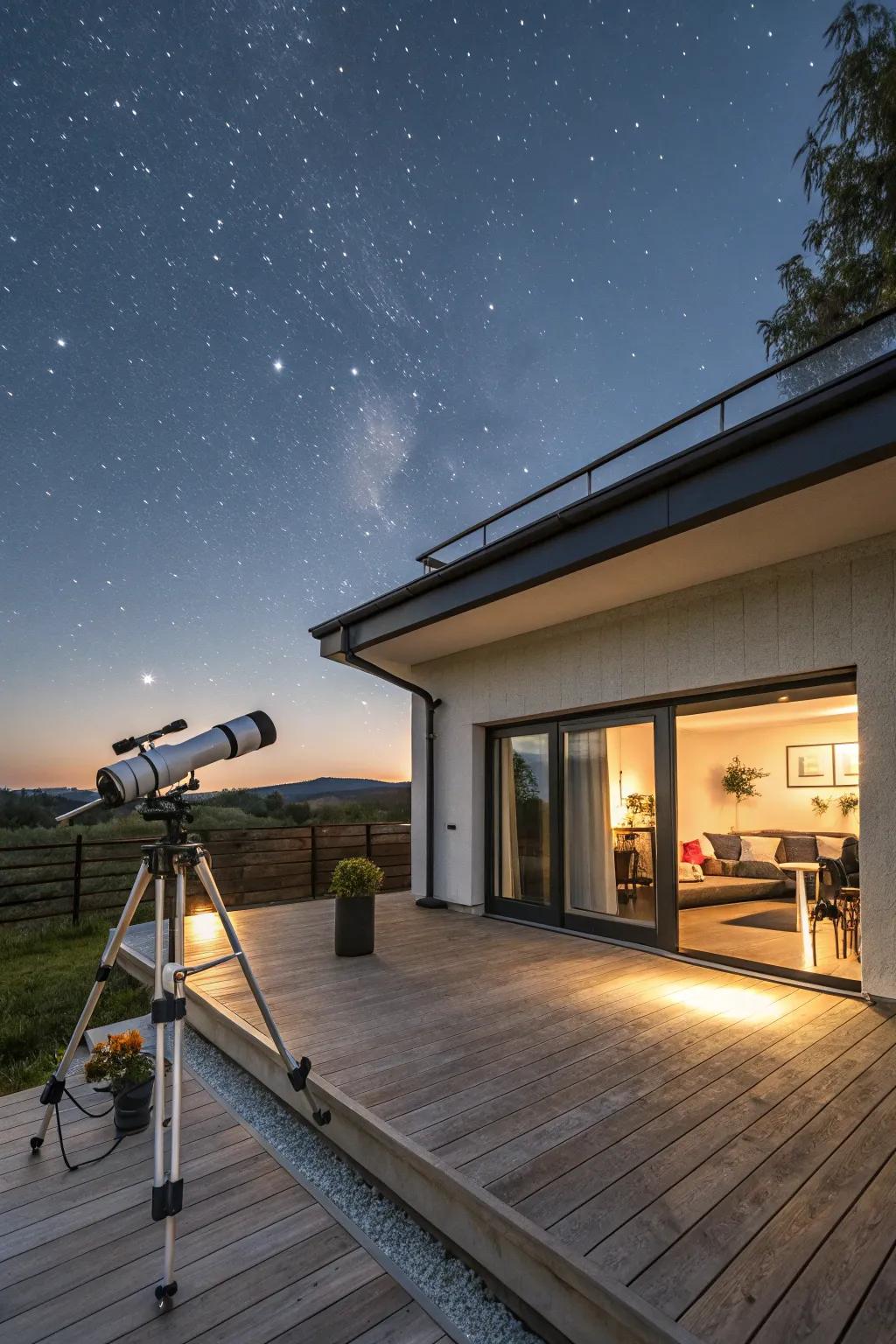 A rooftop star look deck upon a flat roof garage grants a celestial escape.
