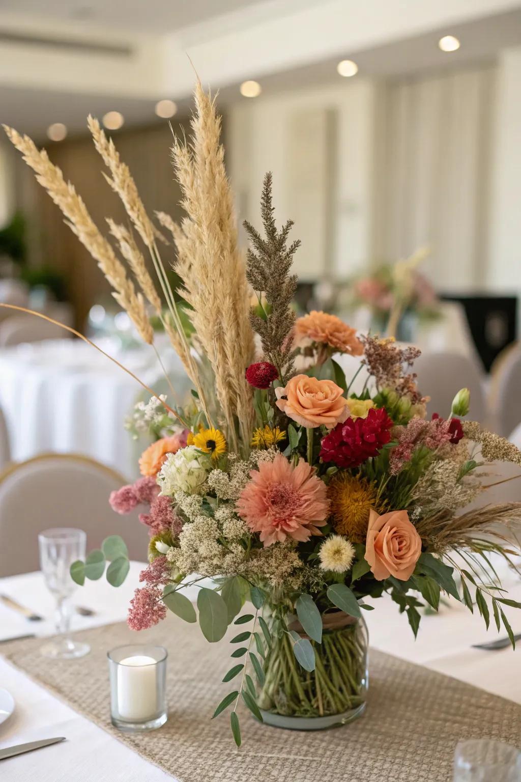 A floral centerpiece with dried grasses and fresh flowers on a table.