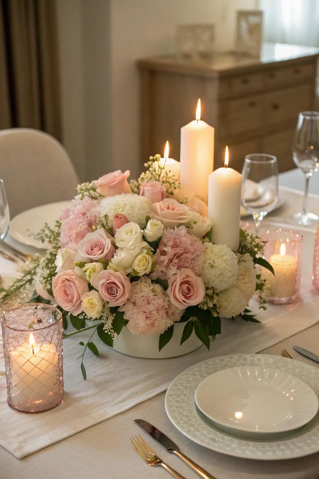 A candlelit flower arrangement.