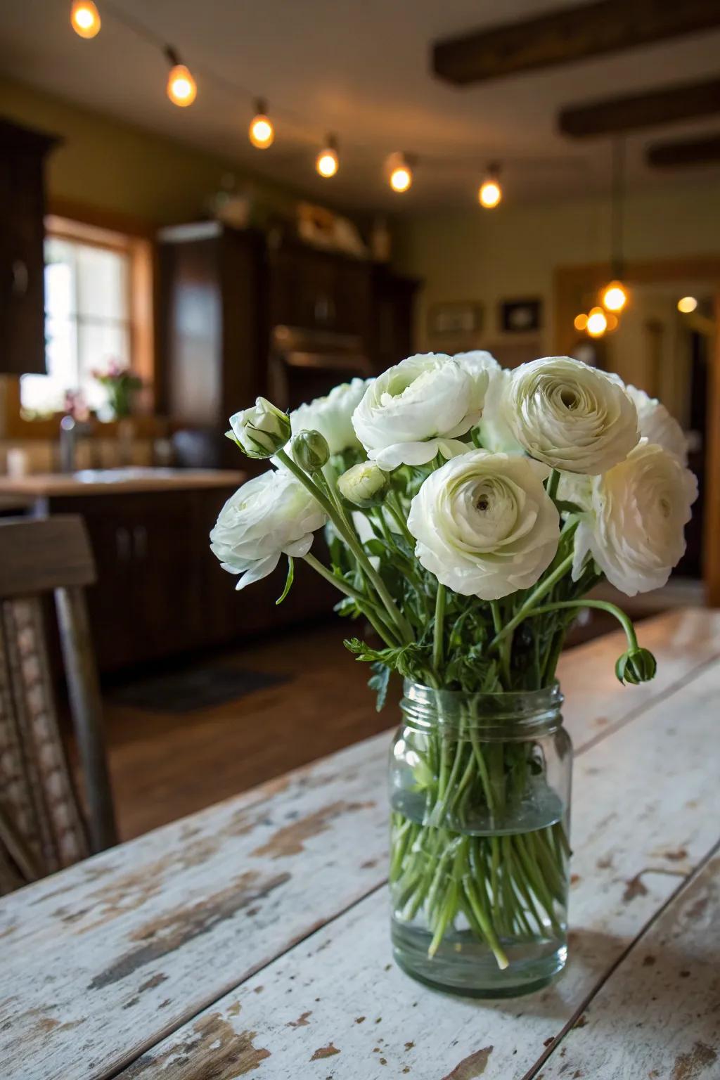 Ivory ranunculus infusing charm to a country-style setting.