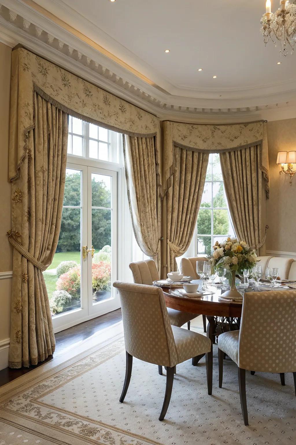 Custom-fitted curtains offer a polished and elegant look in this dining room.