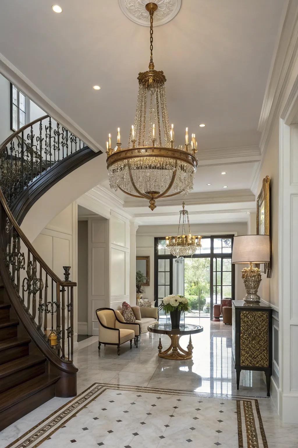 An antiqued brass chandelier delivers sculptural elegance in this refined foyer.