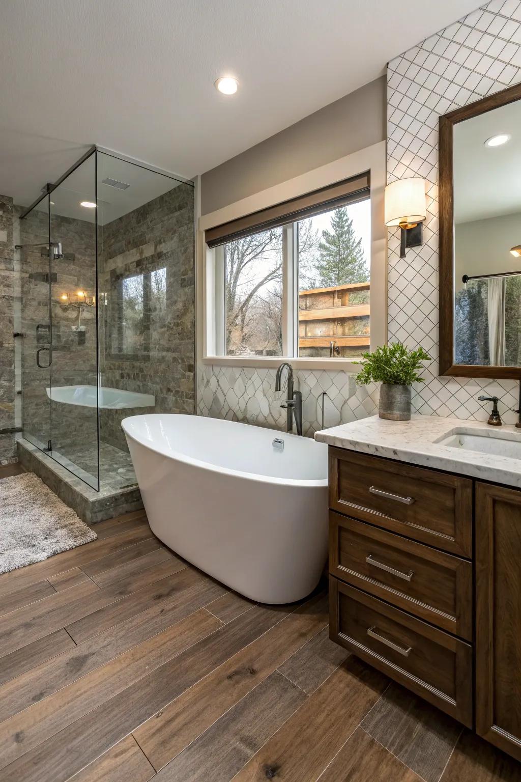 A visually intriguing bathroom design with a mix of textures around the freestanding tub.