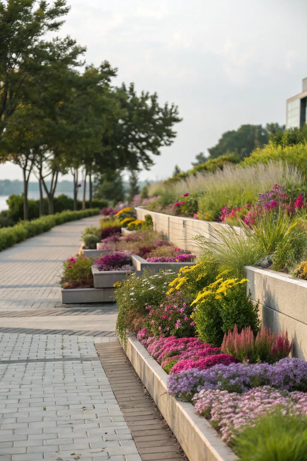Stacked growing beds add depth and vibrant color.