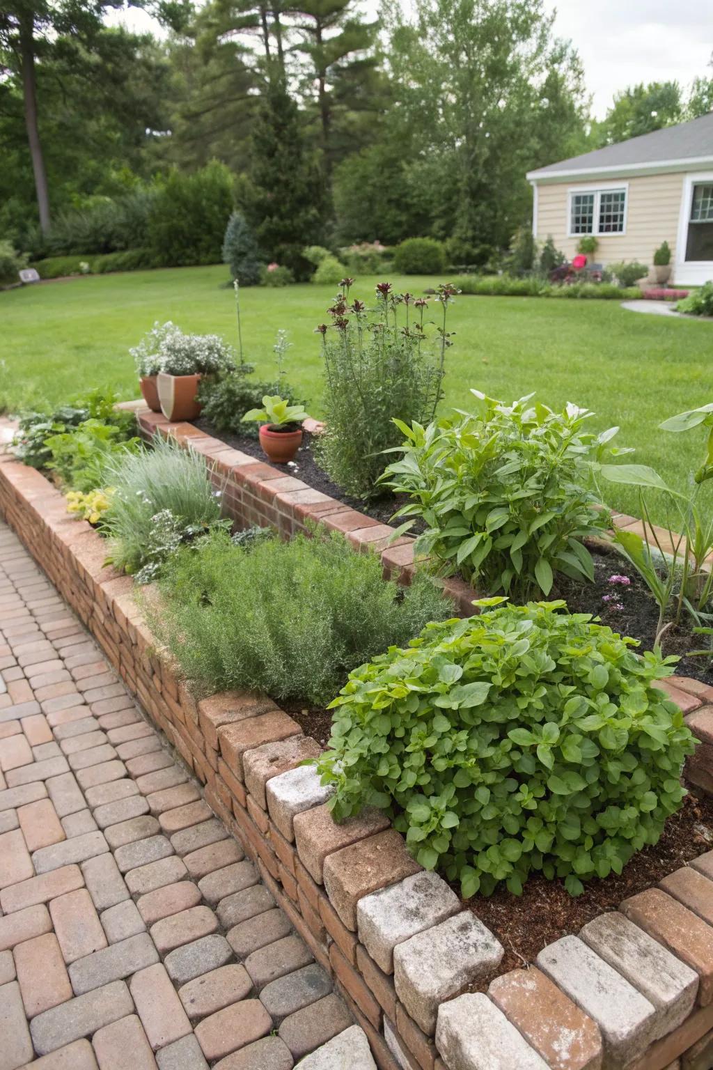 A brick spice garden brings beauty with usefulness.