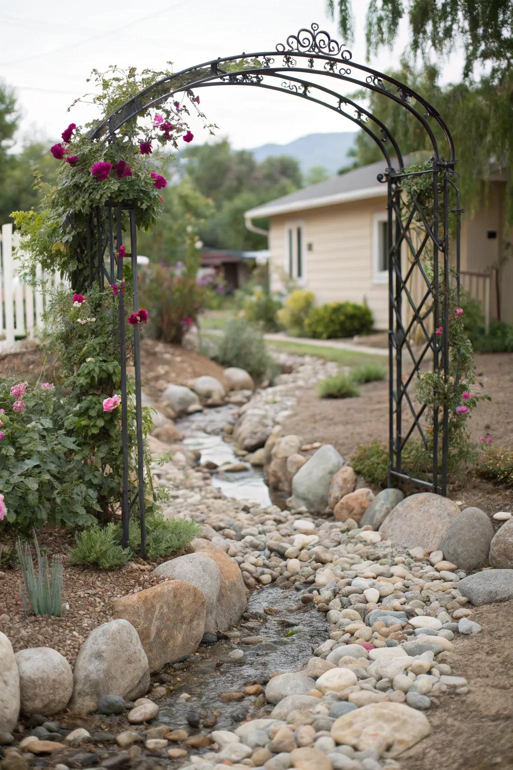 An ornamental gateway frames your faux stream bed, establishing a welcoming statement.