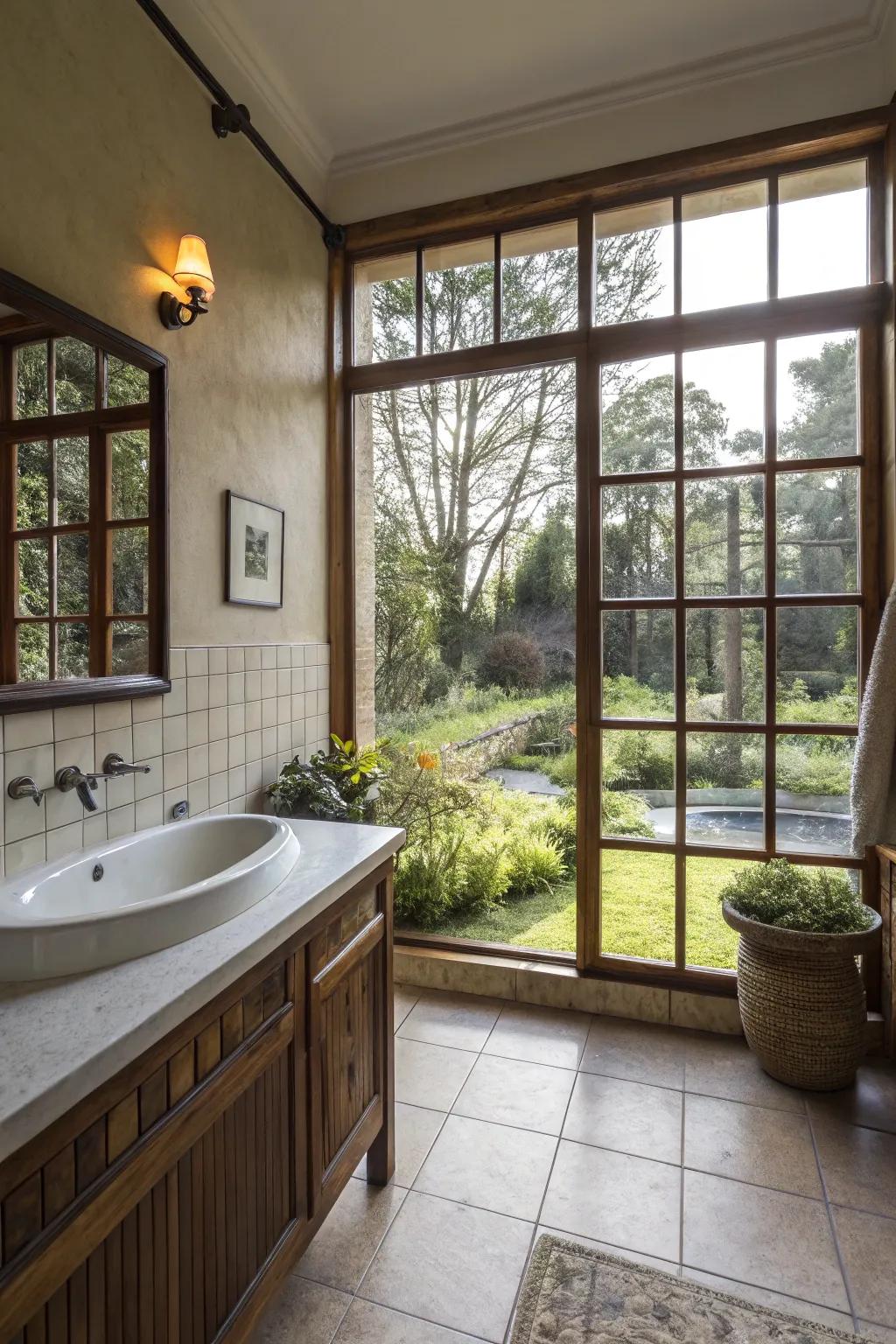An indoor-outdoor harmony produces a natural sanctuary within the bathroom.
