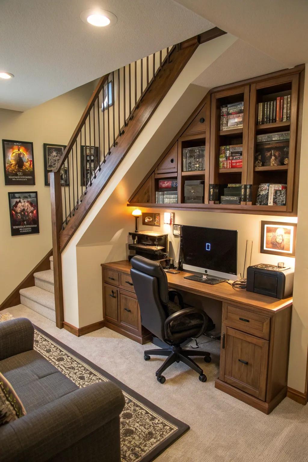 An understairs gaming area maximizes compact spaces creatively.