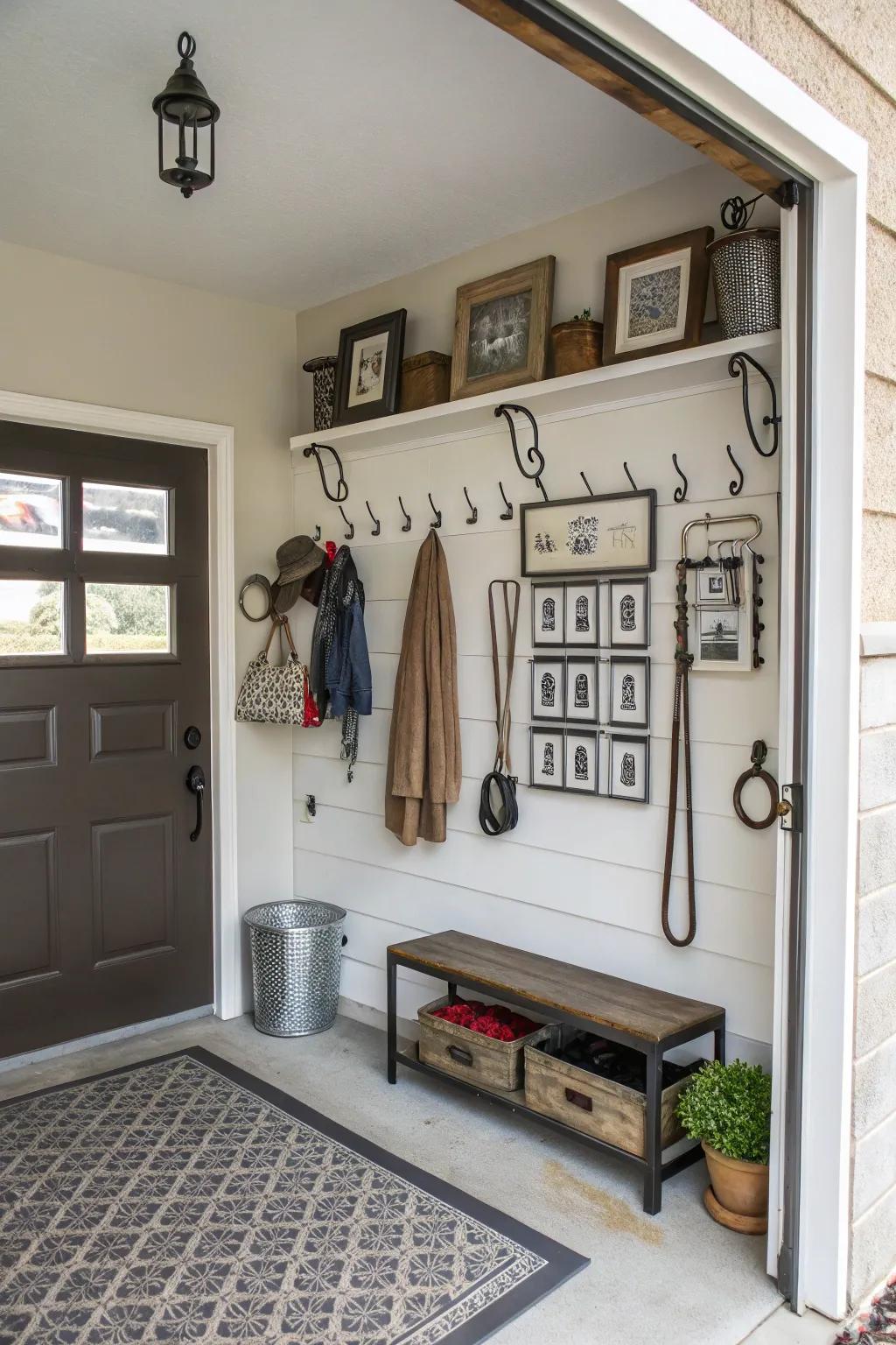 Metal accents introduce a modern edge and balance to your entry area.