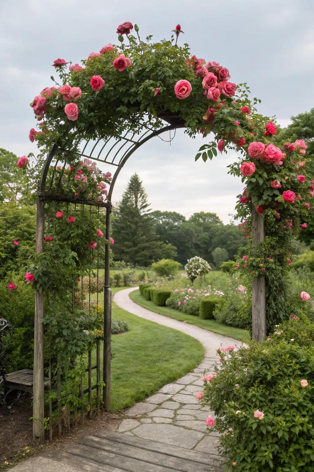 A garden arch adorned with lush climbing roses.