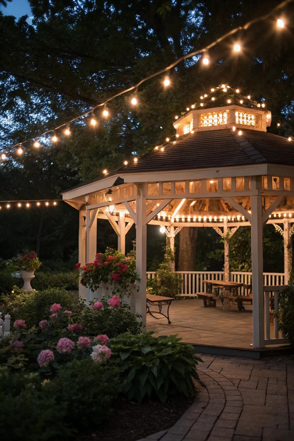 Bistro lights conceive a snug, welcoming atmosphere evocative of outdoor cafes.