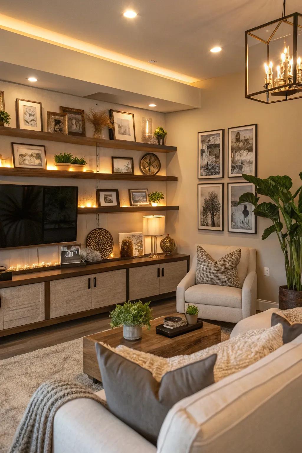 A stylish living space with personalized showcases adding charm.