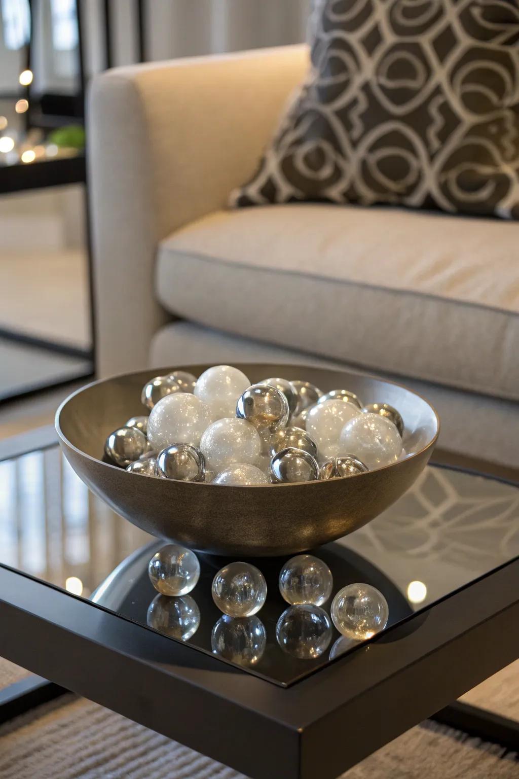 Create a chic centerpiece with artistic bowls and glass orbs.