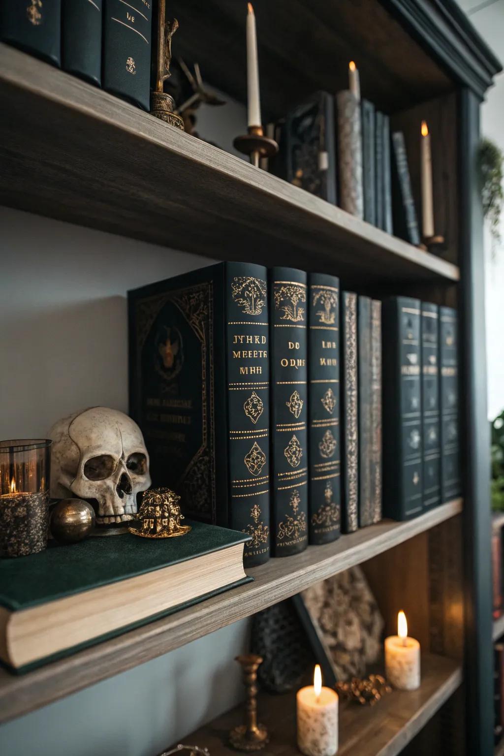 Bookshelves sheltering tales of mystery and intrigue.
