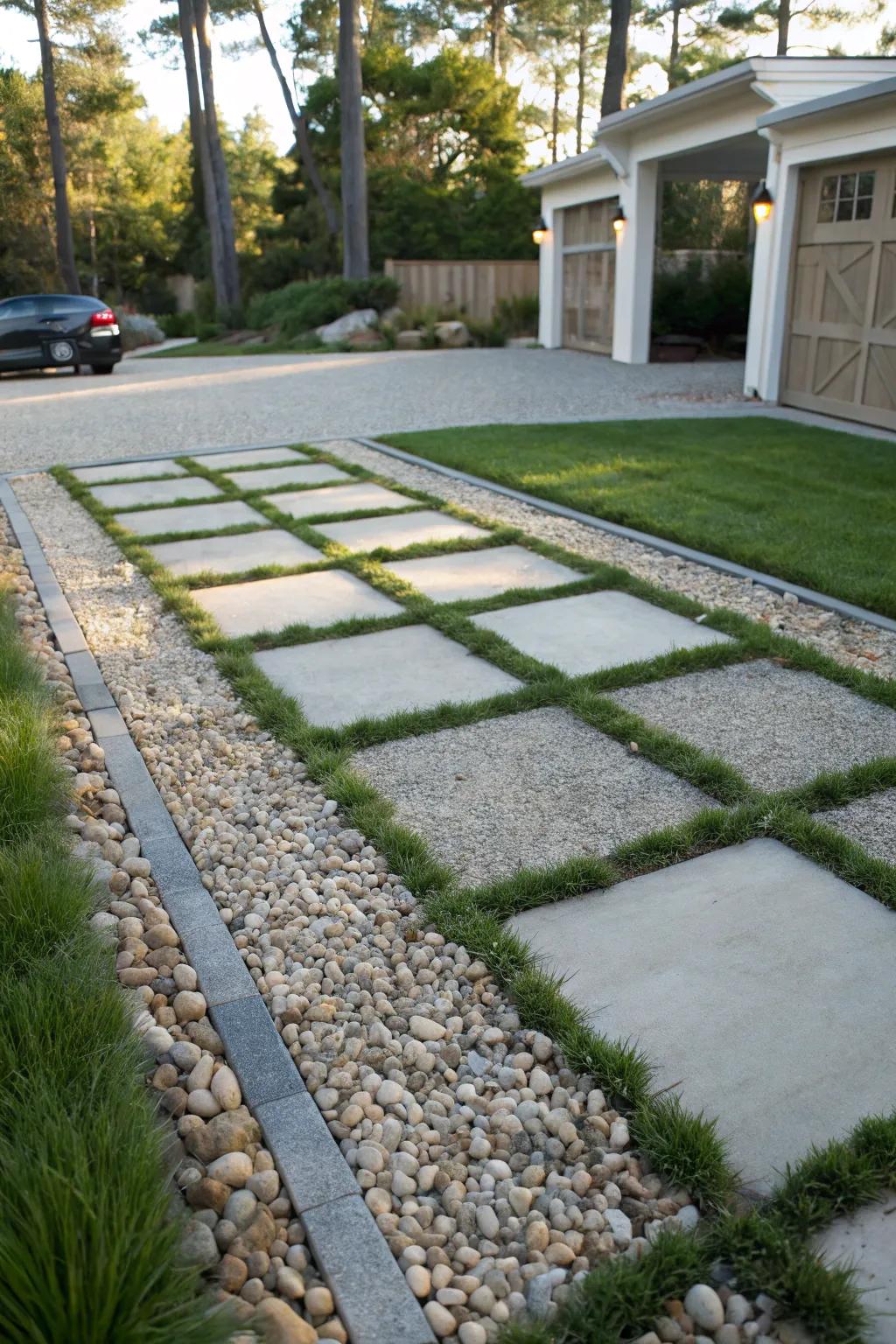 A harmonious blend of textures, where the simplicity of pebbles enhances the vibrancy of turf.
