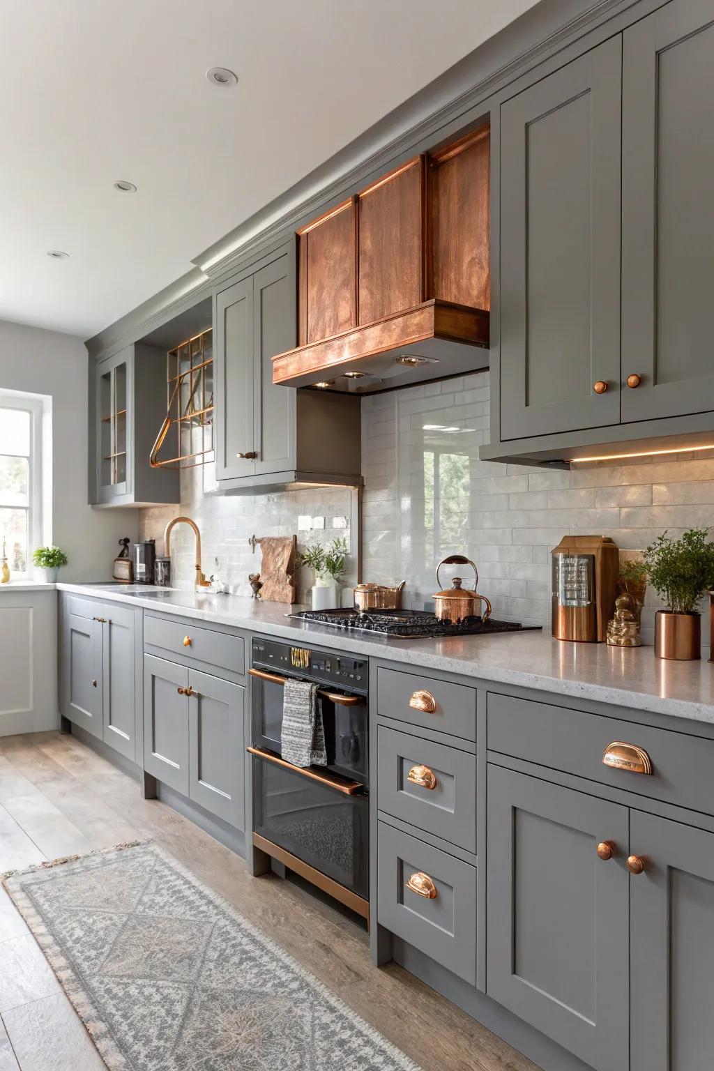 Bronze tones add a chic contrast to the gray kitchen cabinets.