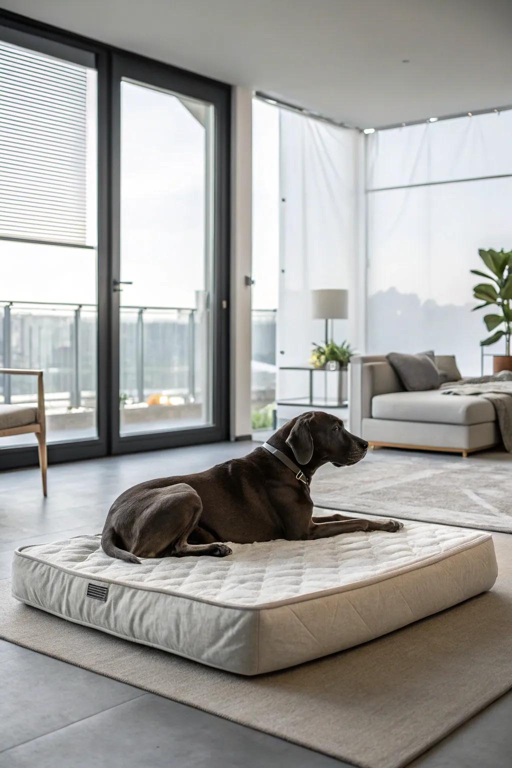 Clean mattresses afford sleek comfort for your Great Dane within a modern home.
