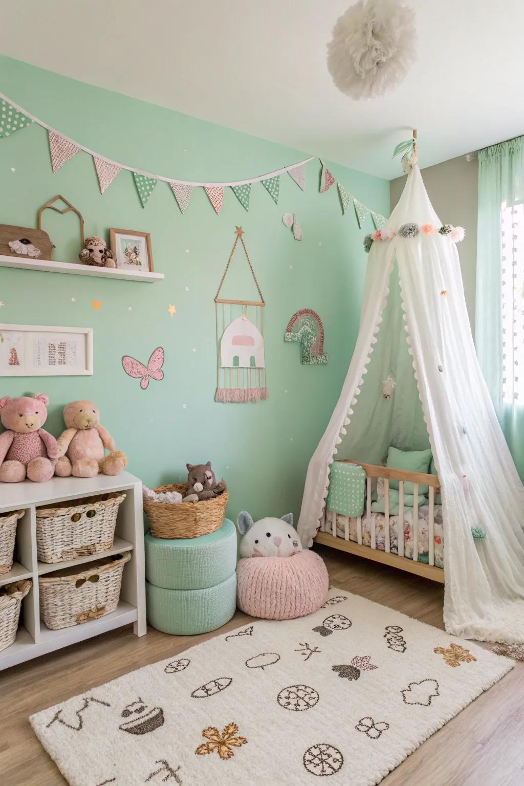 The mint green walls add a touch of whimsy.