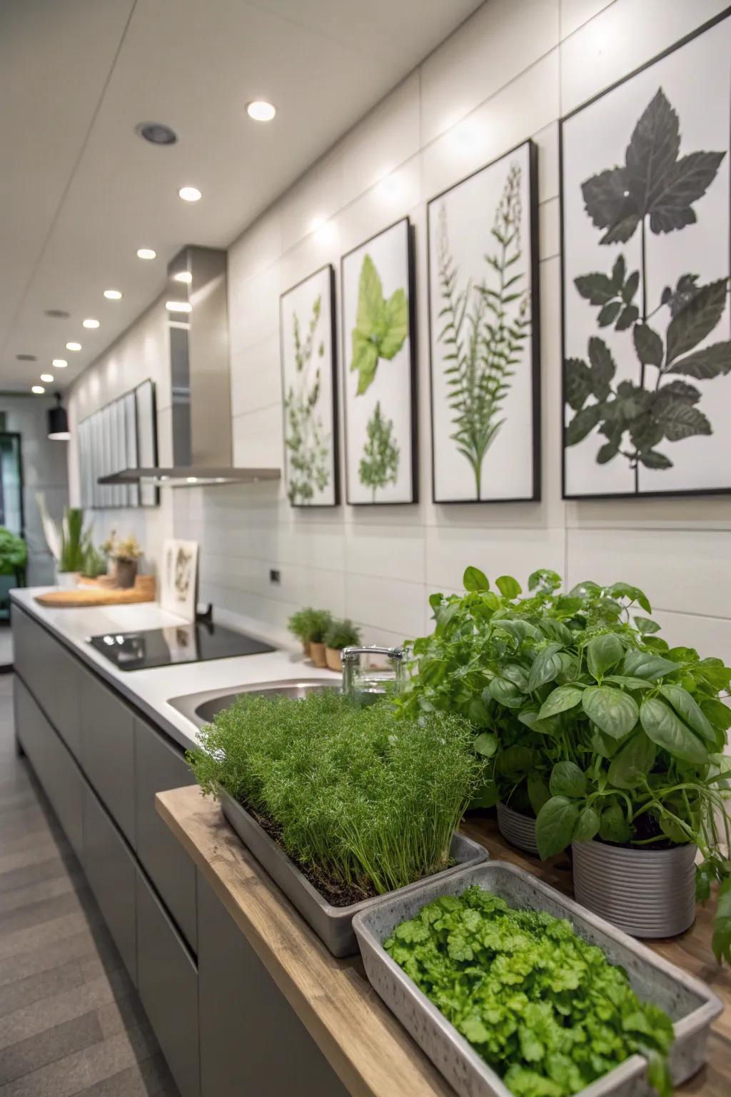 Leafy accents in the kitchen create a fresh and inviting space.