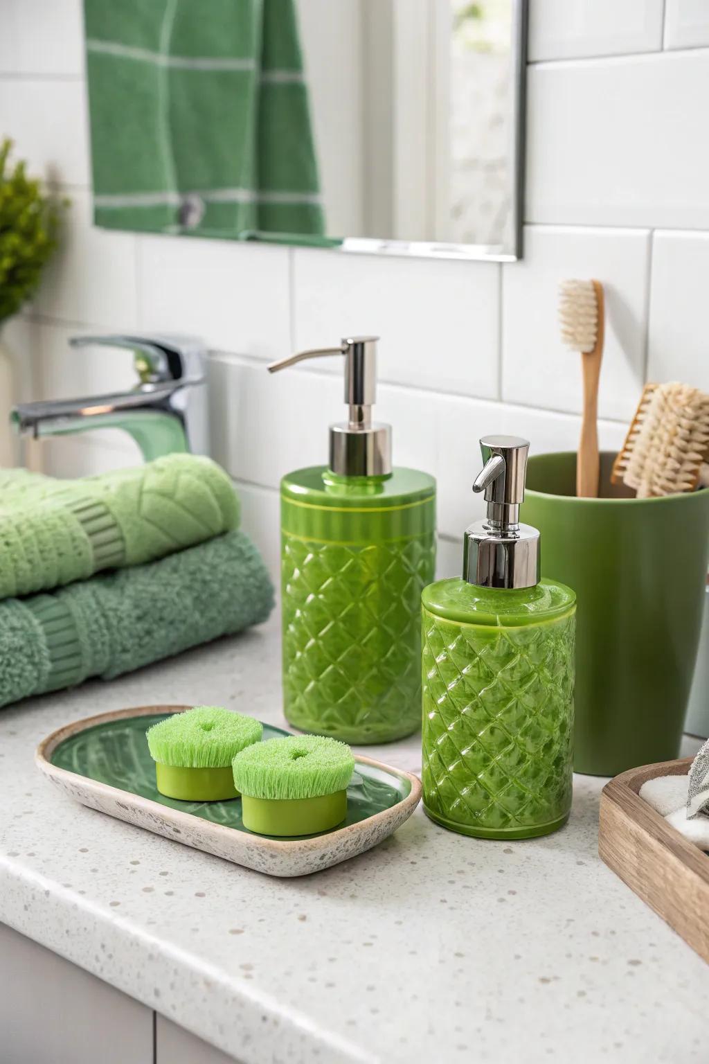 Sophisticated verdant-themed bathing space accessories.
