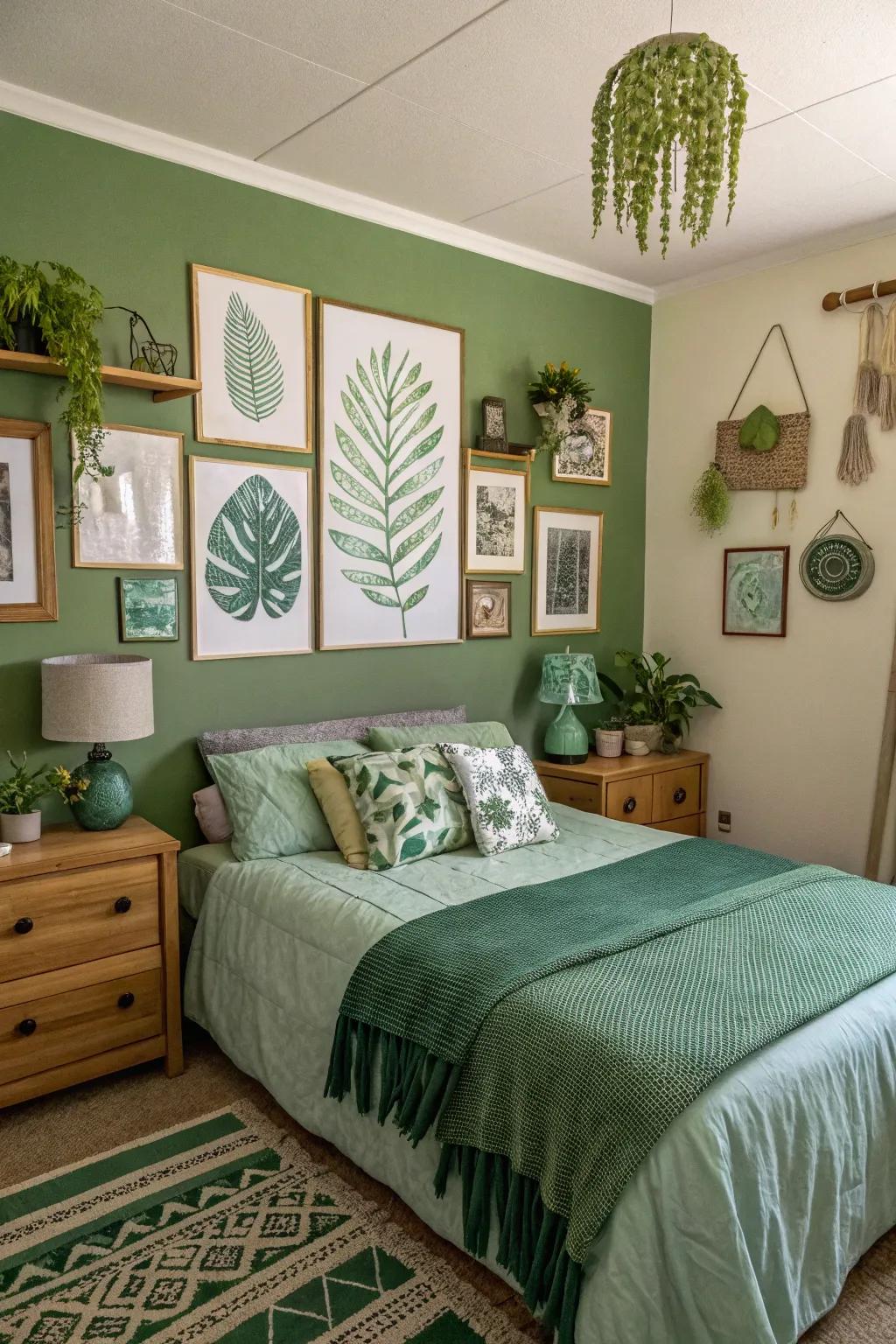A personalized bedroom with verdant-themed artwork that enhances its character.
